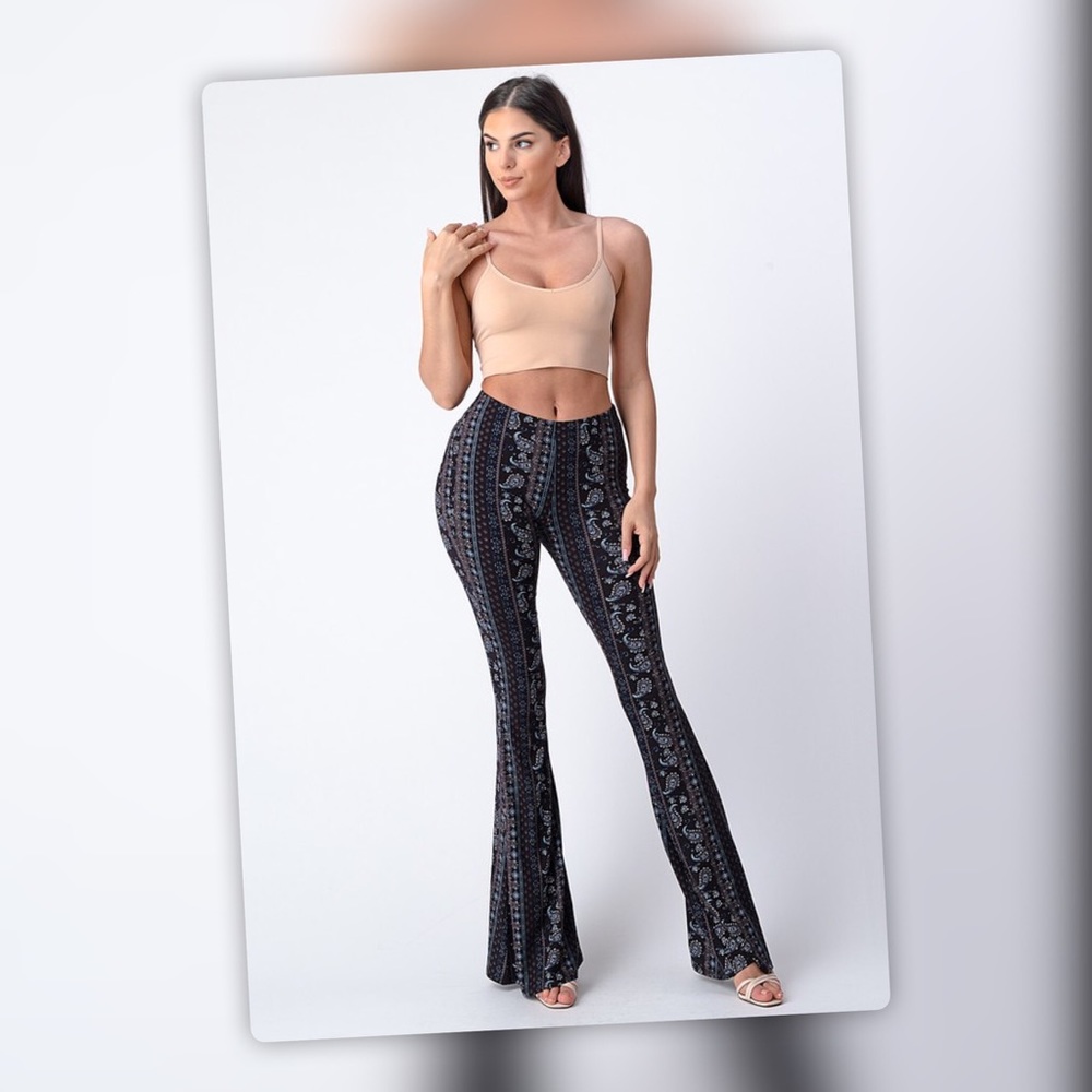 Tik Tok Famous Black Blue Tribal Print Bell Bottom Flare Stretch Pants - Picture 4 of 14